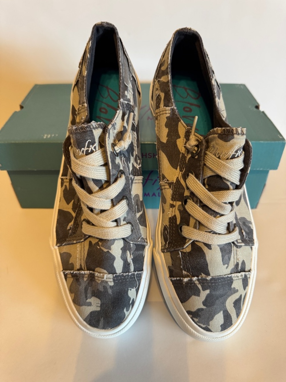 Women’s Blowfish Camouflage Canvas Slip-On Sneakers in Grey and Tan